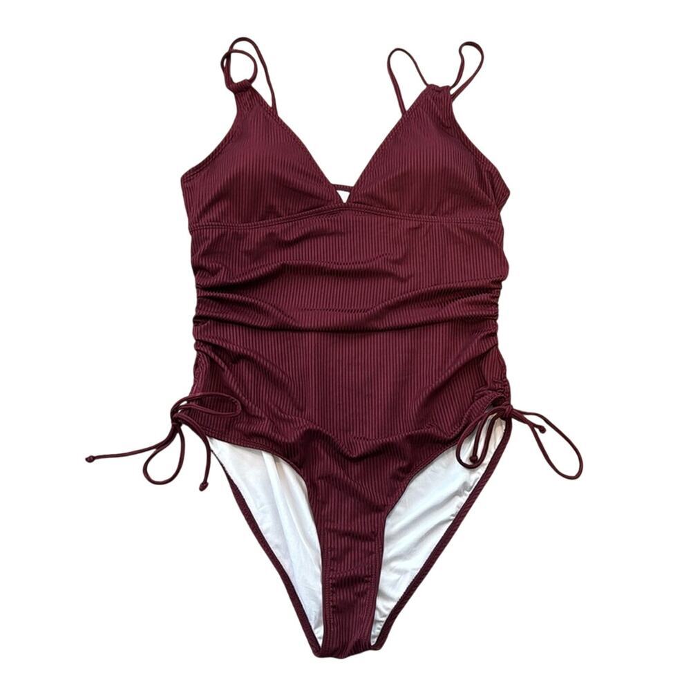 Women's Ribbed Strappy V-Neck One Piece Swimsuit XL Burgundy Adjustable Tie